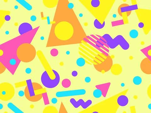 Geometric seamless pattern with memphis elements in 80s style. Colorful geo.. Stock Illustration