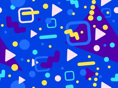 Geometric seamless pattern with memphis elements in 80s style. Colorful geo.. Illustrazione stock