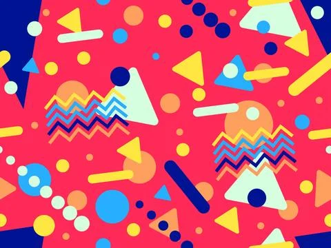Geometric seamless pattern with memphis elements in 80s style. Colorful geo.. 스톡 일러스트