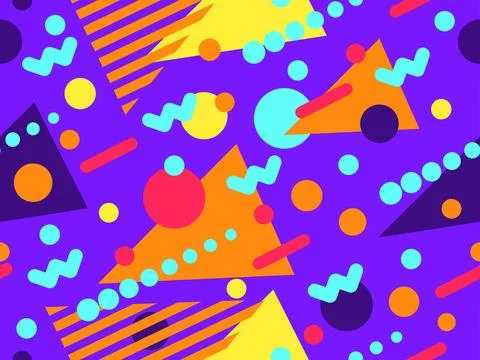 Geometric seamless pattern with memphis elements in 80s style. Colorful geo.. 스톡 일러스트