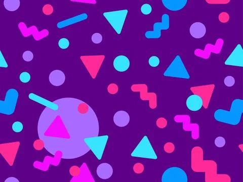 Geometric seamless pattern with memphis elements in 80s style. Colorful geo.. Illustrazione stock