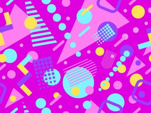 Geometric seamless pattern with memphis elements in 80s style. Colorful geo.. Stock Illustration