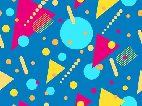 Geometric seamless pattern with memphis elements in 80s style. Colorful geo.. Illustrazione stock