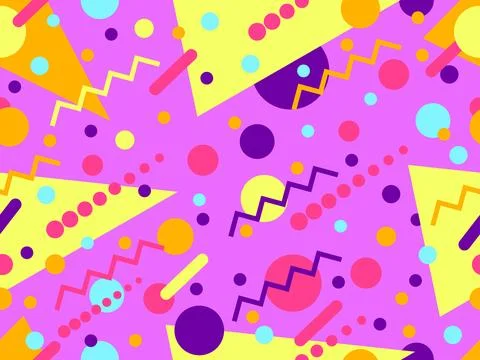 Geometric seamless pattern with memphis elements in 80s style. Colorful geo.. Illustrazione stock