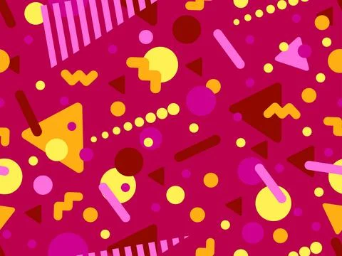 Geometric seamless pattern with memphis elements in 80s style. Colorful geo.. Illustrazione stock