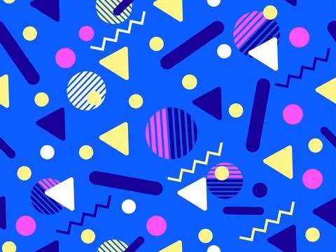 Geometric seamless pattern with memphis elements in 80s style. Colorful geo.. Stock Illustration