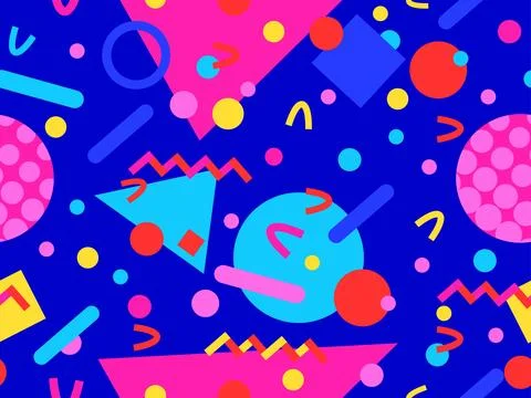 Geometric seamless pattern with memphis elements in 80s style. Colorful geo.. Stock Illustration
