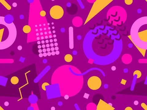 Geometric seamless pattern with memphis elements in 80s style. Colorful geo.. Stock Illustration
