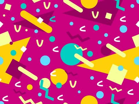 Geometric seamless pattern with memphis elements in 80s style. Colorful geo.. 스톡 일러스트
