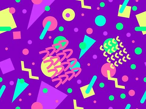 Geometric seamless pattern with memphis elements in 80s style. Colorful geo.. 스톡 일러스트