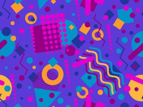 Geometric seamless pattern with memphis elements in 80s style. Colorful geo.. 스톡 일러스트