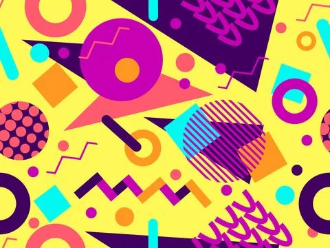 Geometric seamless pattern with memphis elements in 80s style. Colorful geo.. Stock Illustration