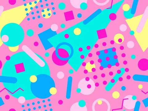 Geometric seamless pattern with memphis elements in 80s style. Colorful geo.. 스톡 일러스트