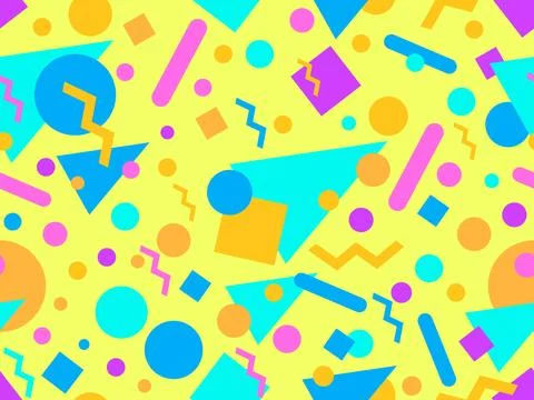 Geometric seamless pattern with memphis elements in 80s style. Colorful geo.. Stock Illustration