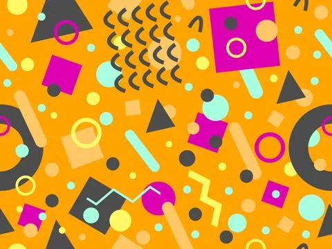 Geometric seamless pattern with memphis elements in 80s style. Colorful geo.. Stock Illustration