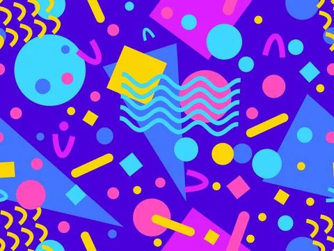 Geometric seamless pattern with memphis elements in 80s style. Colorful geo.. Stock Illustration
