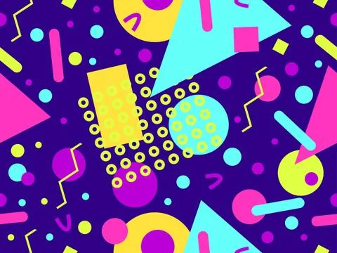 Geometric seamless pattern with memphis elements in 80s style. Colorful geo.. Stock Illustration