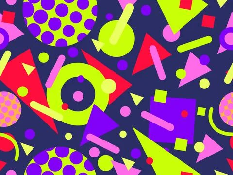 Geometric seamless pattern with memphis elements in 80s style. Colorful geo.. 스톡 일러스트