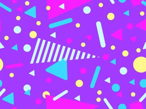 Geometric seamless pattern with memphis elements in 80s style. Colorful geo.. Stock Illustration