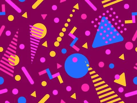 Geometric seamless pattern with memphis elements in 80s style. Colorful geo.. Stock Illustration