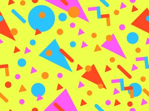 Geometric seamless pattern with memphis elements in 80s style. Colorful geo.. Stock Illustration