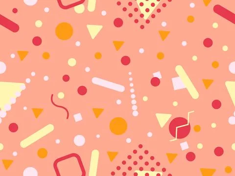 Geometric seamless pattern with memphis elements in 80s style. Colorful geo.. Illustrazione stock