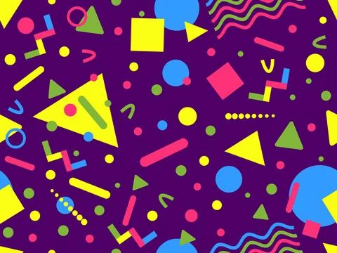Geometric seamless pattern with memphis elements in 80s style. Colorful geo.. 스톡 일러스트
