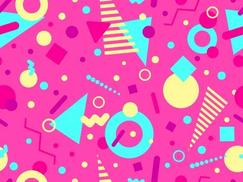 Geometric seamless pattern with memphis elements in 80s style. Colorful geo.. 스톡 일러스트
