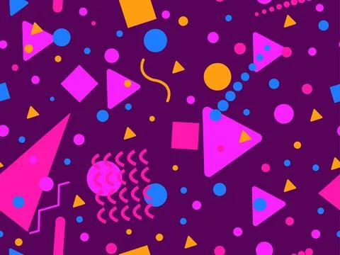 Geometric seamless pattern with memphis elements in 80s style. Colorful geo.. Illustrazione stock