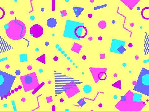 Geometric seamless pattern with memphis elements in 80s style. Colorful geo.. 스톡 일러스트