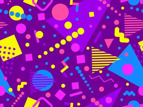 Geometric seamless pattern with memphis elements in 80s style. Colorful geo.. 스톡 일러스트