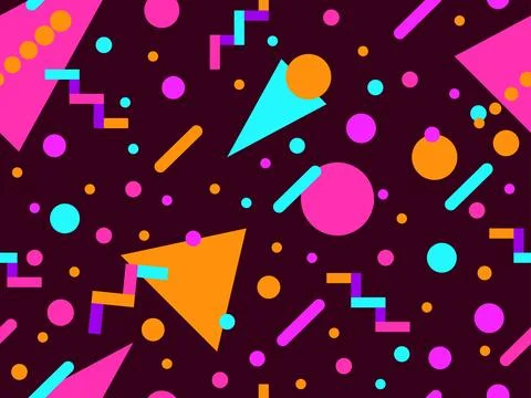 Geometric seamless pattern with memphis elements in 80s style. Colorful geo.. Illustrazione stock
