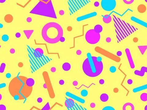 Geometric seamless pattern with memphis elements in 80s style. Colorful geo.. 스톡 일러스트