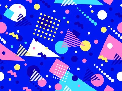 Geometric seamless pattern with memphis elements in 80s style. Colorful geo.. Stock Illustration
