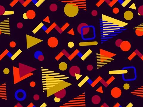 Geometric seamless pattern with memphis elements in 80s style. Colorful geo.. Stock Illustration