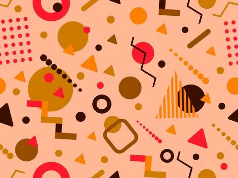 Geometric seamless pattern with memphis elements in 80s style. Colorful geo.. Illustrazione stock