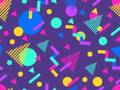 Geometric seamless pattern with memphis elements in 80s style. Colorful geo.. 스톡 일러스트