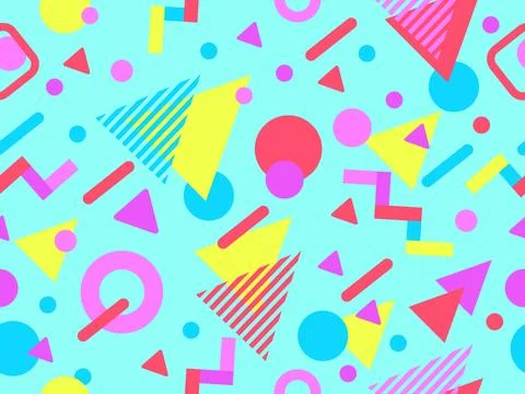 Geometric seamless pattern with memphis elements in 80s style. Colorful geo.. Stock Illustration
