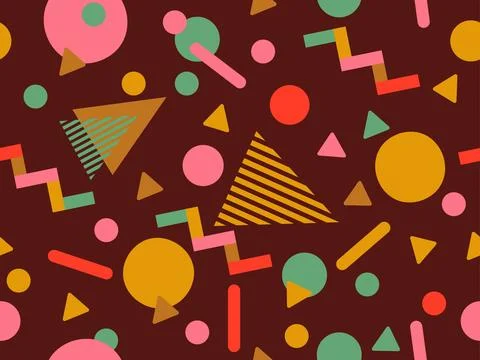 Geometric seamless pattern with memphis elements in 80s style. Colorful geo.. Stock Illustration