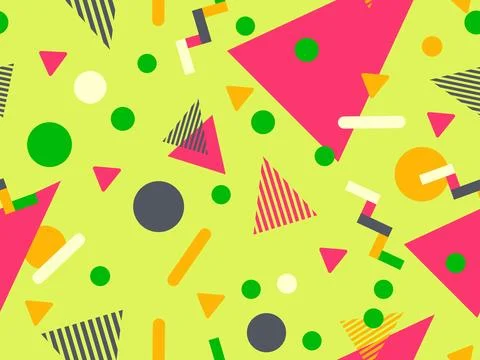 Geometric seamless pattern with memphis elements in 80s style. Colorful geo.. 스톡 일러스트