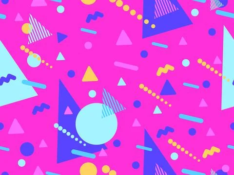 Geometric seamless pattern with memphis elements in 80s style. Colorful geo.. Stock Illustration