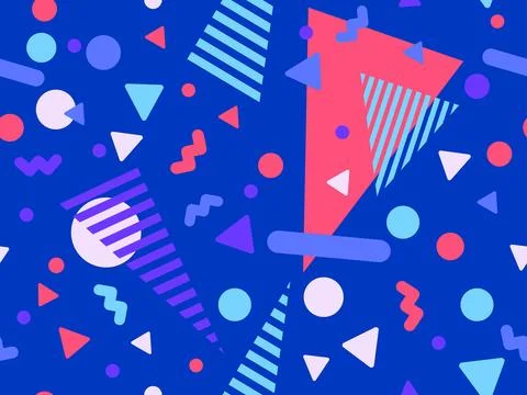 Geometric seamless pattern with memphis elements in 80s style. Colorful geo.. Illustrazione stock