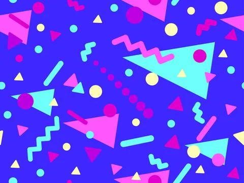 Geometric seamless pattern with memphis elements in 80s style. Colorful geo.. Illustrazione stock