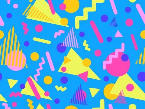 Geometric seamless pattern with memphis elements in 80s style. Colorful geo.. 스톡 일러스트