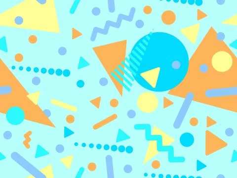 Geometric seamless pattern with memphis elements in 80s style. Colorful geo.. Stock Illustration