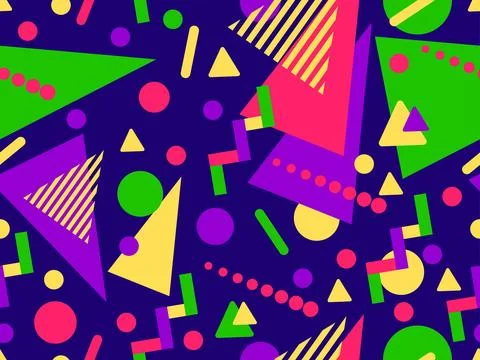 Geometric seamless pattern with memphis elements in 80s style. Colorful geo.. Stock Illustration