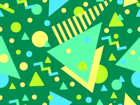 Geometric seamless pattern with memphis elements in 80s style. Colorful geo.. Stock Illustration