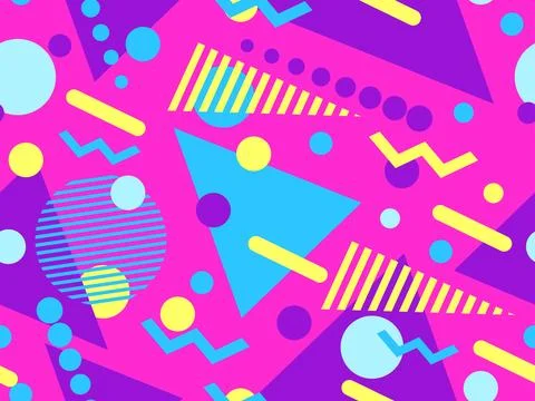 Geometric seamless pattern with memphis elements in 80s style. Colorful geo.. Stock Illustration