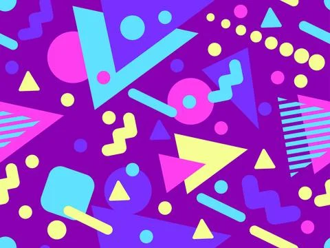 Geometric seamless pattern with memphis elements in 80s style. Colorful geo.. Stock Illustration