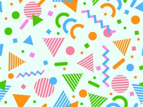 Geometric seamless pattern with memphis elements in 80s style. Colorful geo.. Illustrazione stock